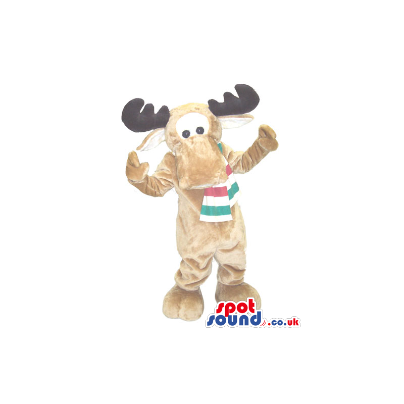 All Brown Reindeer Plush Mascot Wearing A Striped Scarf -