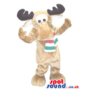 All Brown Reindeer Plush Mascot Wearing A Striped Scarf -