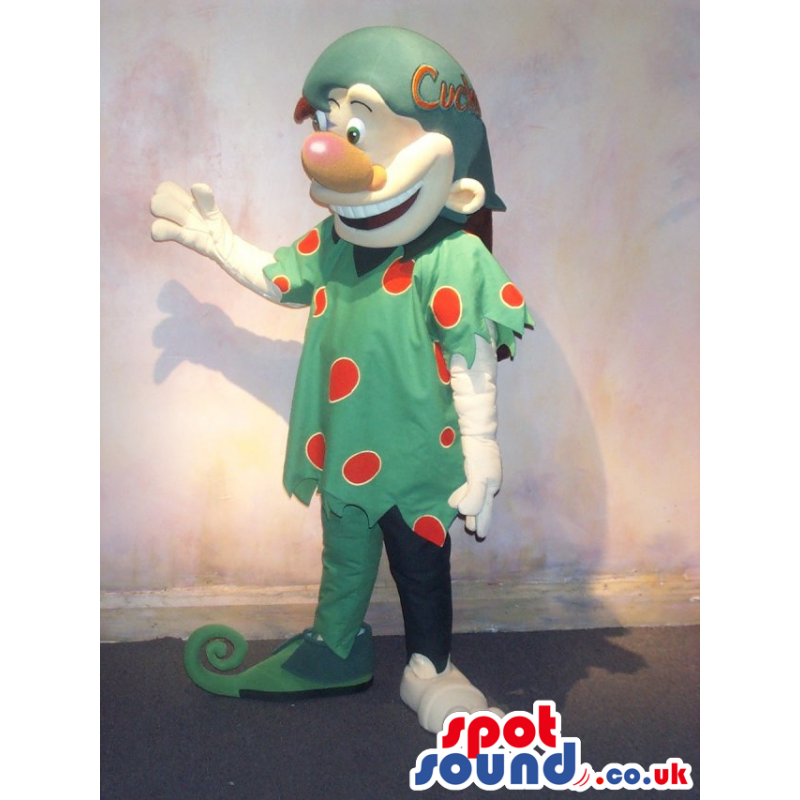 Dwarf Character Mascot In Green Clothes With Red Dots. - Custom