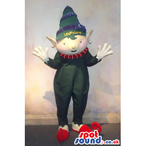 Dwarf Character Mascot In Green Clothes With Red Pointy Shoes -