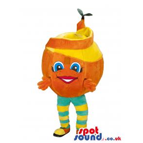 Smily orange mascot in a blue and yellow strip pants - Custom