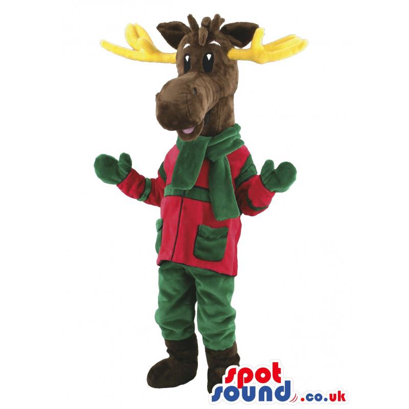 Reindeer in red and green trouser and shirt with a green
