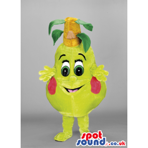 Blushing pear mascot with hands and feet and leaves on top -