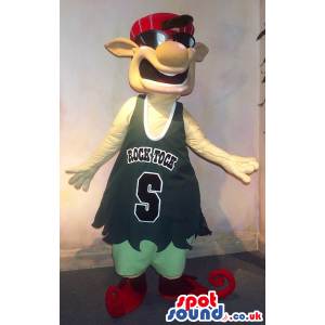 Dwarf Character Mascot In Green Sports Clothes And Sunglasse -