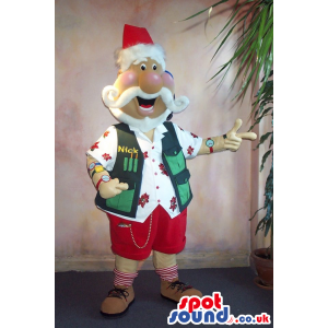 Santa Claus Mascot In A Green Vest And A Summer Shirt. - Custom