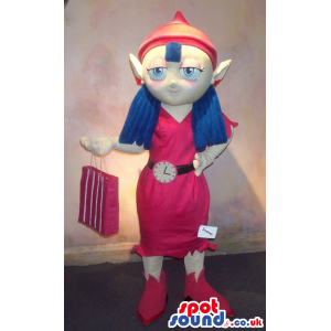 Dwarf Girl Mascot With Blue Hair And A Shopping Bag - Custom