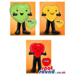 Three Heart Mascot Drawings In Red, Green And Yellow With Logo