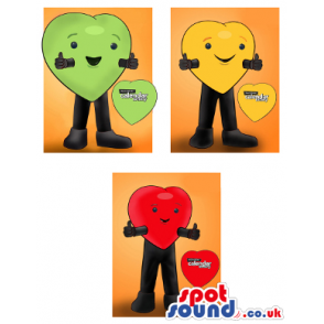 Three Heart Mascot Drawings In Red, Green And Yellow With Logo