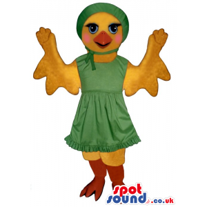 Flashy Yellow Chicken Girl Plush Mascot Wearing Green Dress -