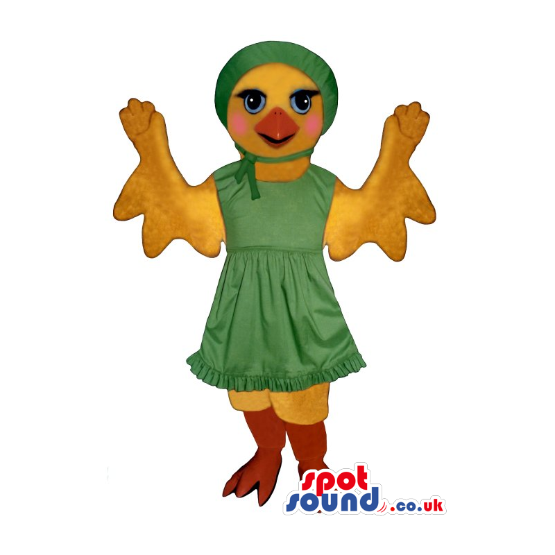 Flashy Yellow Chicken Girl Plush Mascot Wearing Green Dress -