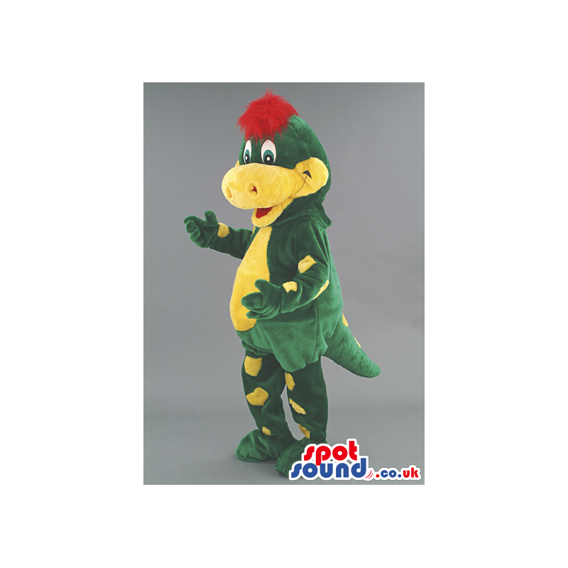 Yellow and green dragon mascot with red hair and short tail -