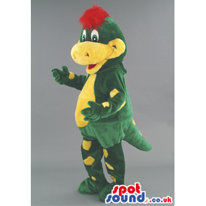Yellow and green dragon mascot with red hair and short tail -