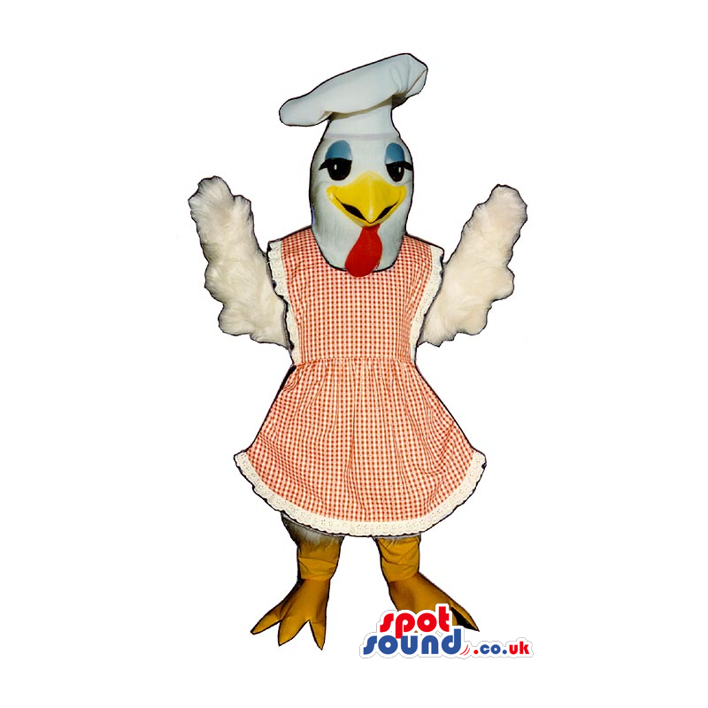 White Hen Lady Plush Mascot Wearing An Apron And Chef Hat. -