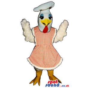 White Hen Lady Plush Mascot Wearing An Apron And Chef Hat. -