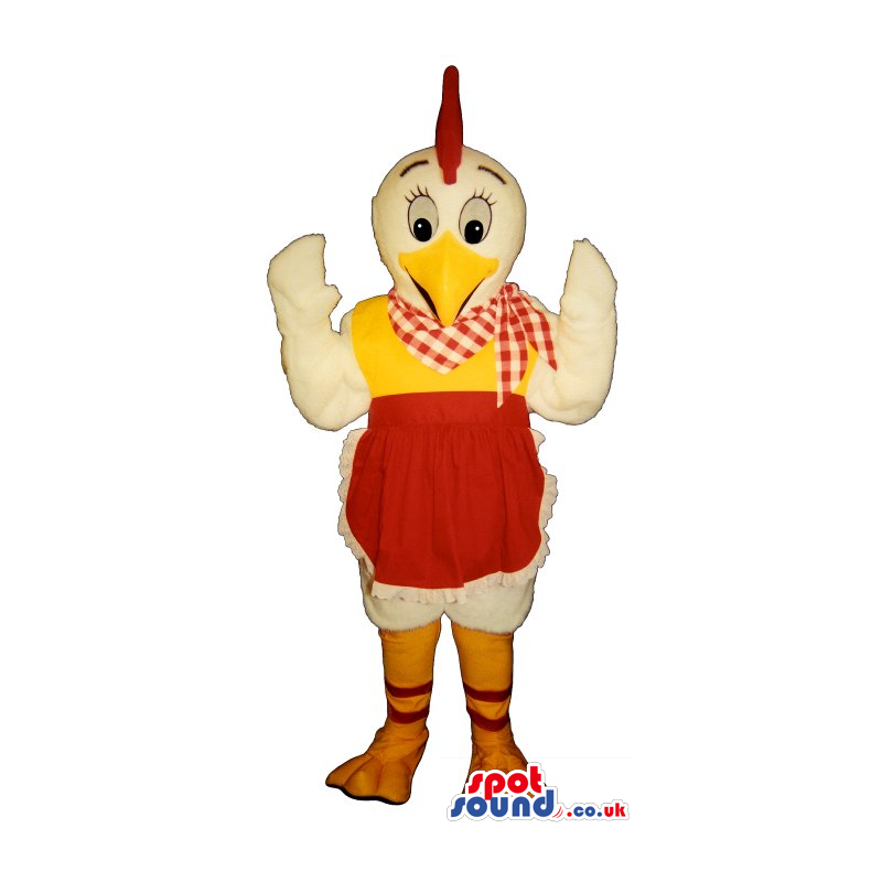 White Hen Lady Plush Mascot Wearing An Apron And Neck Scarf -