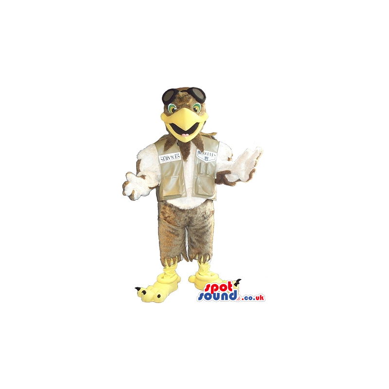 Brown And White Eagle Bird Plush Mascot Wearing Pilot Clothes -