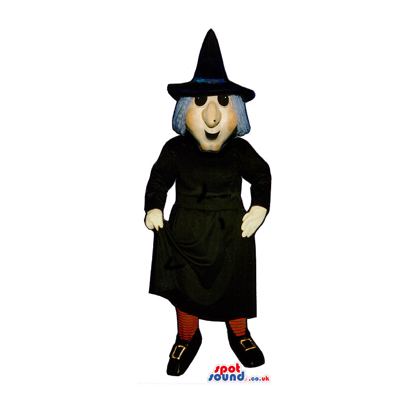 Halloween Witch Mascot With A Black Long Gown And Grey Hair -