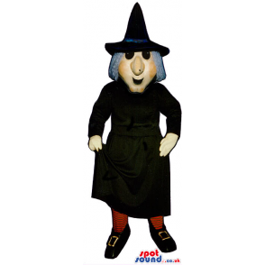 Halloween Witch Mascot With A Black Long Gown And Grey Hair -