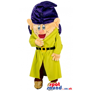 Dwarf mascot with large blue hat and yellow coat and red