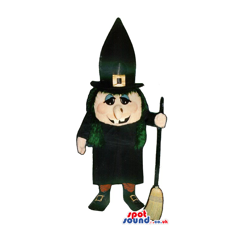 Halloween Witch Mascot With A Black Long Hat And A Broom. -