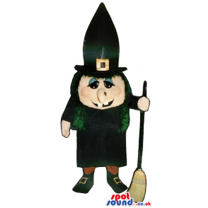 Halloween Witch Mascot With A Black Long Hat And A Broom. -