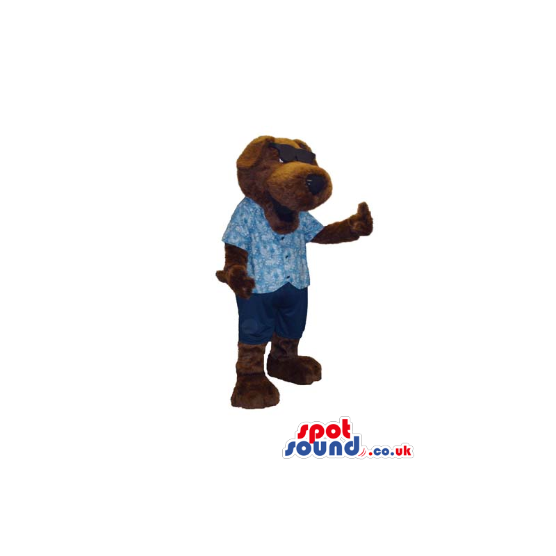 Cute Dark Brown Dog Plush Mascot Wearing Blue Garments - Custom