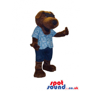 Cute Dark Brown Dog Plush Mascot Wearing Blue Garments - Custom