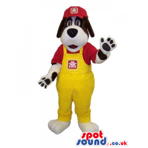 White And Brown Dog Plush Mascot Wearing Yellow Overalls -