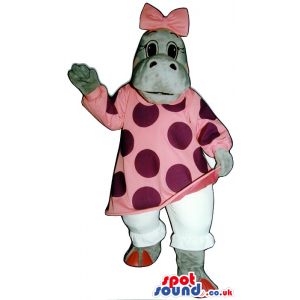 Grey Hippopotamus Girl Plush Mascot With Pink Dress With Dots -