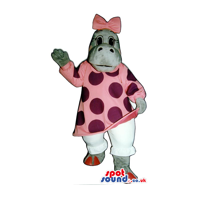 Grey Hippopotamus Girl Plush Mascot With Pink Dress With Dots -