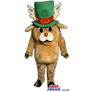 Brown Reindeer Plush Mascot Wearing A Big Green And Red Hat -