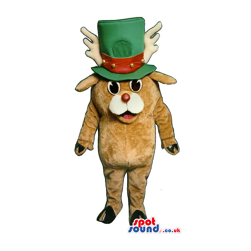 Brown Reindeer Plush Mascot Wearing A Big Green And Red Hat -