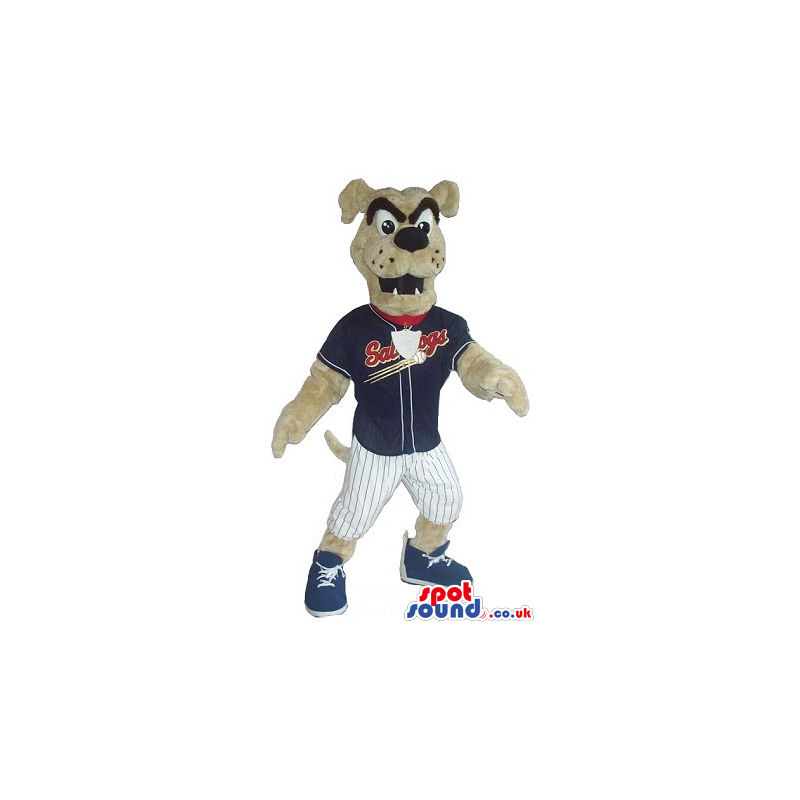 Beige Angry Dog Plush Mascot Wearing Baseball Player Clothes -