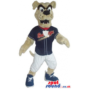 Beige Angry Dog Plush Mascot Wearing Baseball Player Clothes -