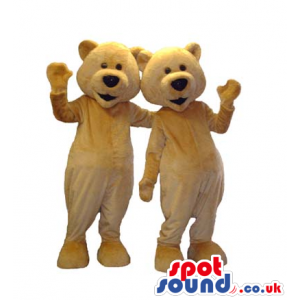 Two Funny Beige Teddy Bear Plush Mascots With Black Noses -