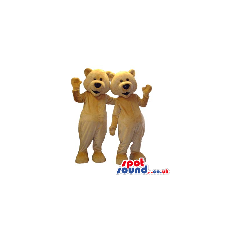 Two Funny Beige Teddy Bear Plush Mascots With Black Noses -