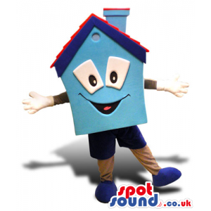 Cute Blue And Red House Mascot With A Cartoon Face - Custom