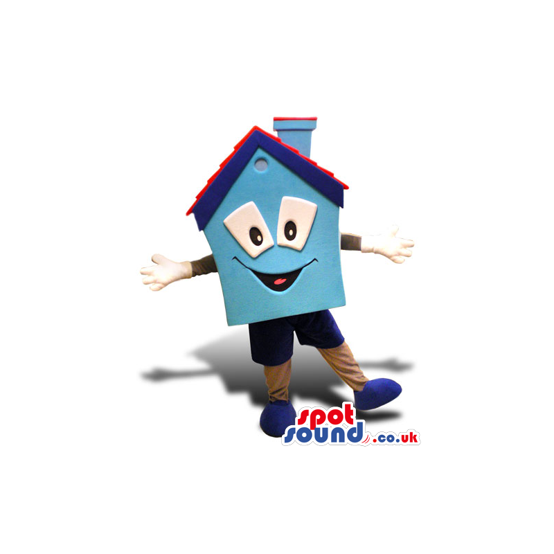 Cute Blue And Red House Mascot With A Cartoon Face - Custom
