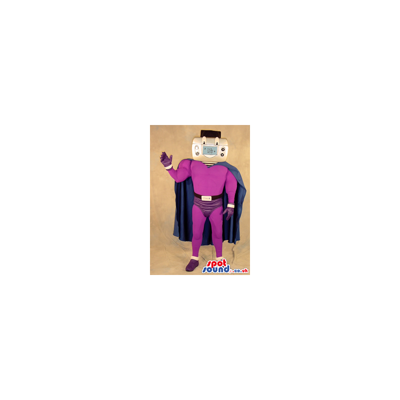 Superhero Thermostat Face Plush Mascot Wearing Purple Garments