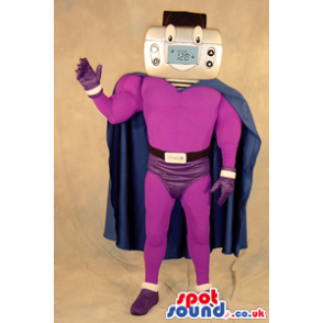 Superhero Thermostat Face Plush Mascot Wearing Purple Garments