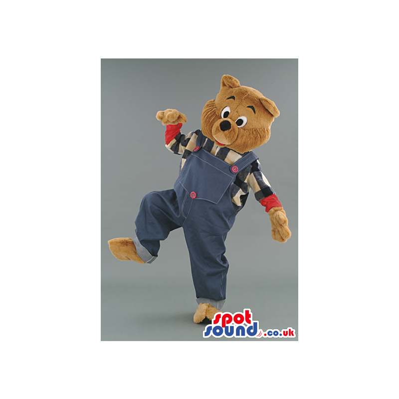 Bear mascot with blue jeans overall and squared T-shirt -