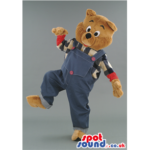 Bear mascot with blue jeans overall and squared T-shirt -