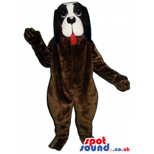 Dark Brown Dog Plush Mascot With A White Face And A Red Tongue