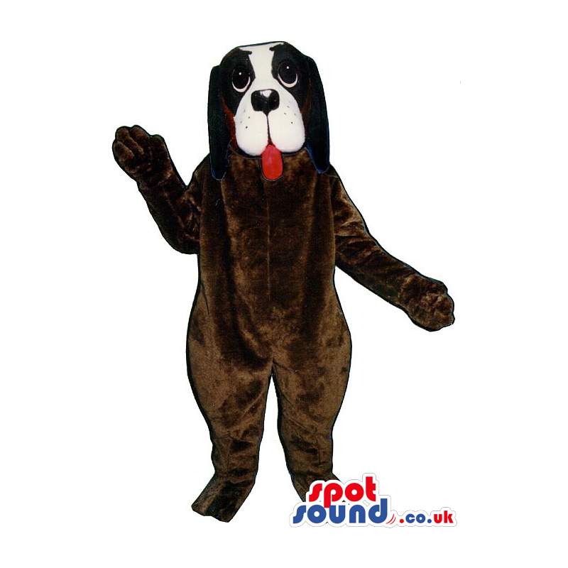Dark Brown Dog Plush Mascot With A White Face And A Red Tongue