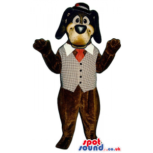 Dark Brown Dog Plush Mascot Wearing A Vest, Bow Tie And A Hat -