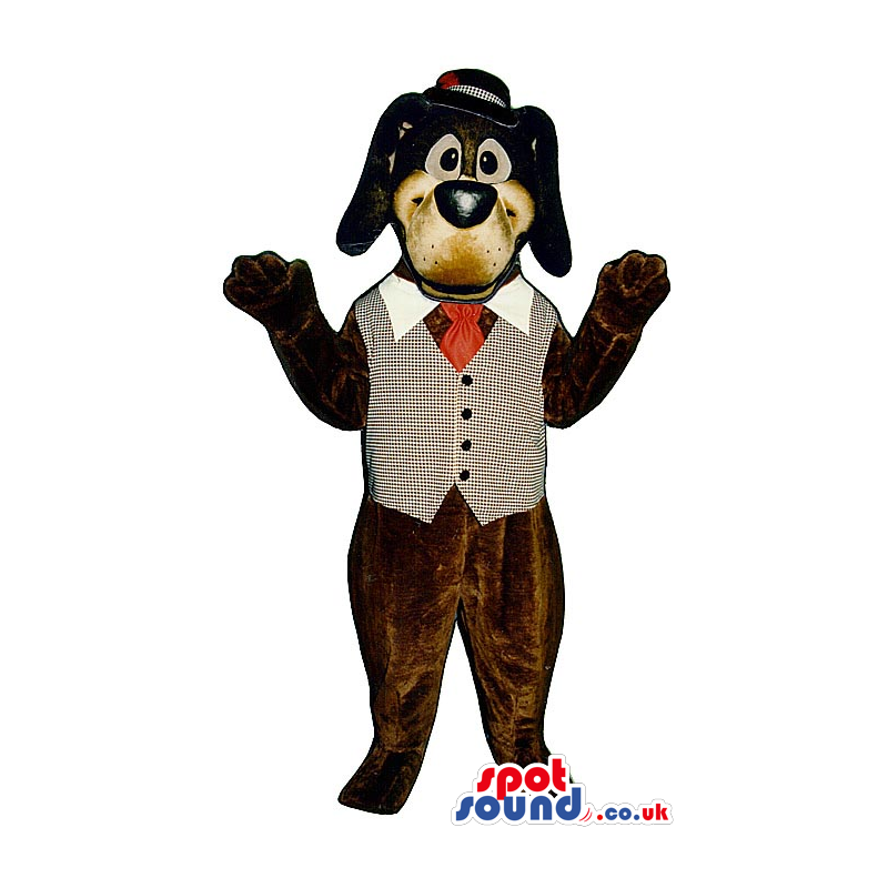 Dark Brown Dog Plush Mascot Wearing A Vest, Bow Tie And A Hat -