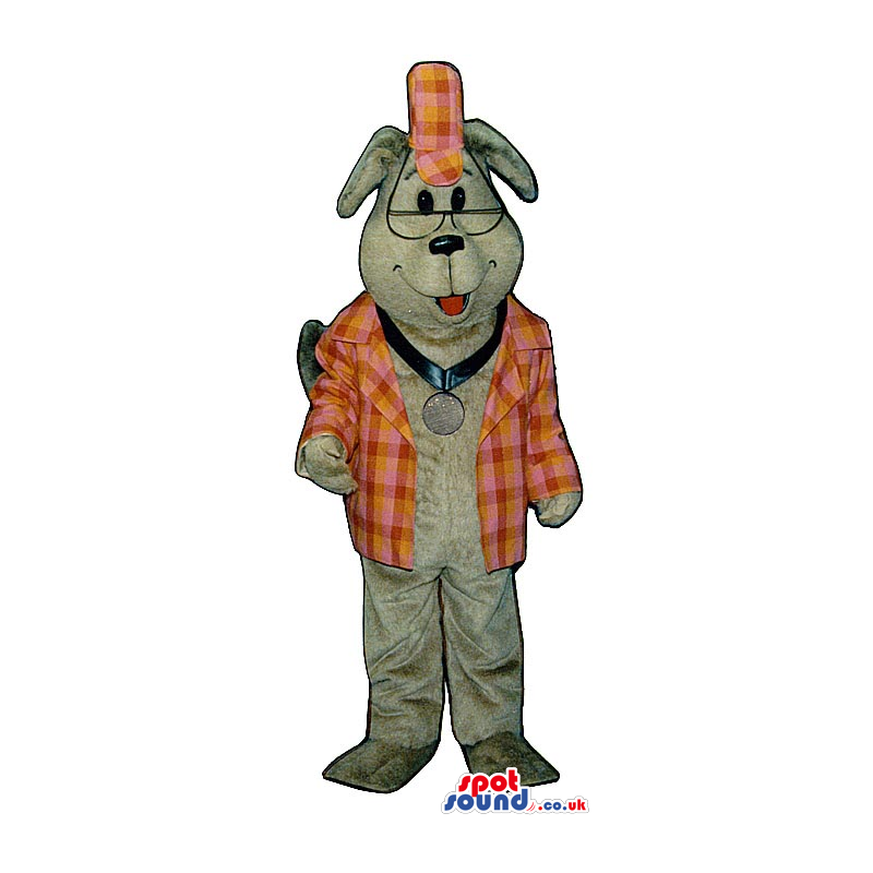 Cute Grey Dog Plush Mascot Wearing A Checked Jacket And A Medal