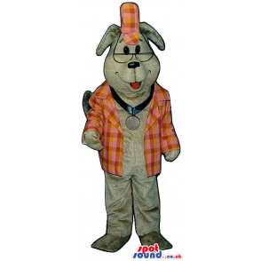Cute Grey Dog Plush Mascot Wearing A Checked Jacket And A Medal
