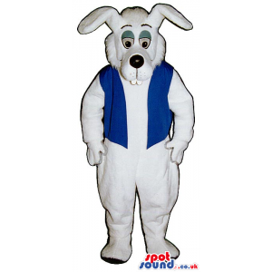 All White Rabbit Plush Mascot Wearing A Blue Vest - Custom