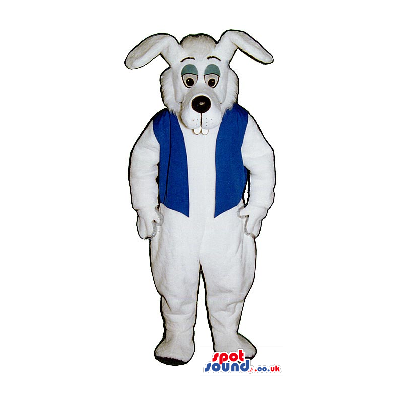 All White Rabbit Plush Mascot Wearing A Blue Vest - Custom